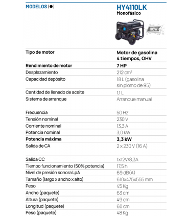 GENERADOR HYUNDAI HY4110LK 230V (3,3 KW)
