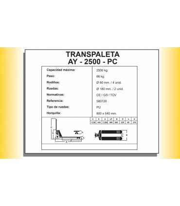 TRANSPALETA MANUAL "CORTA" 2500KG  540X800MM AYERBE PC