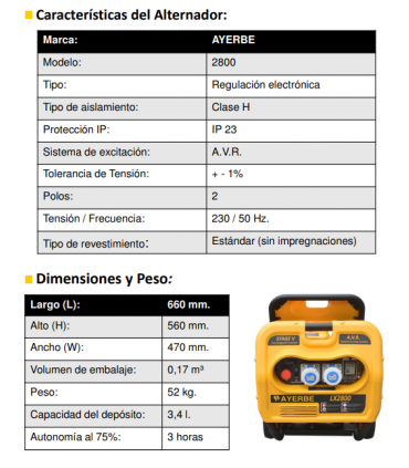 GENERADOR AYERBE LX2800 230V (2´8 KW)
